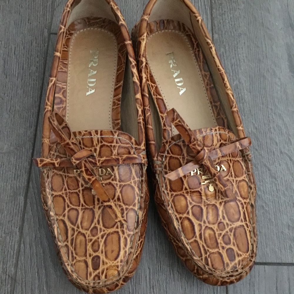 Vintage Prada Croc Embossed Tan Loafers